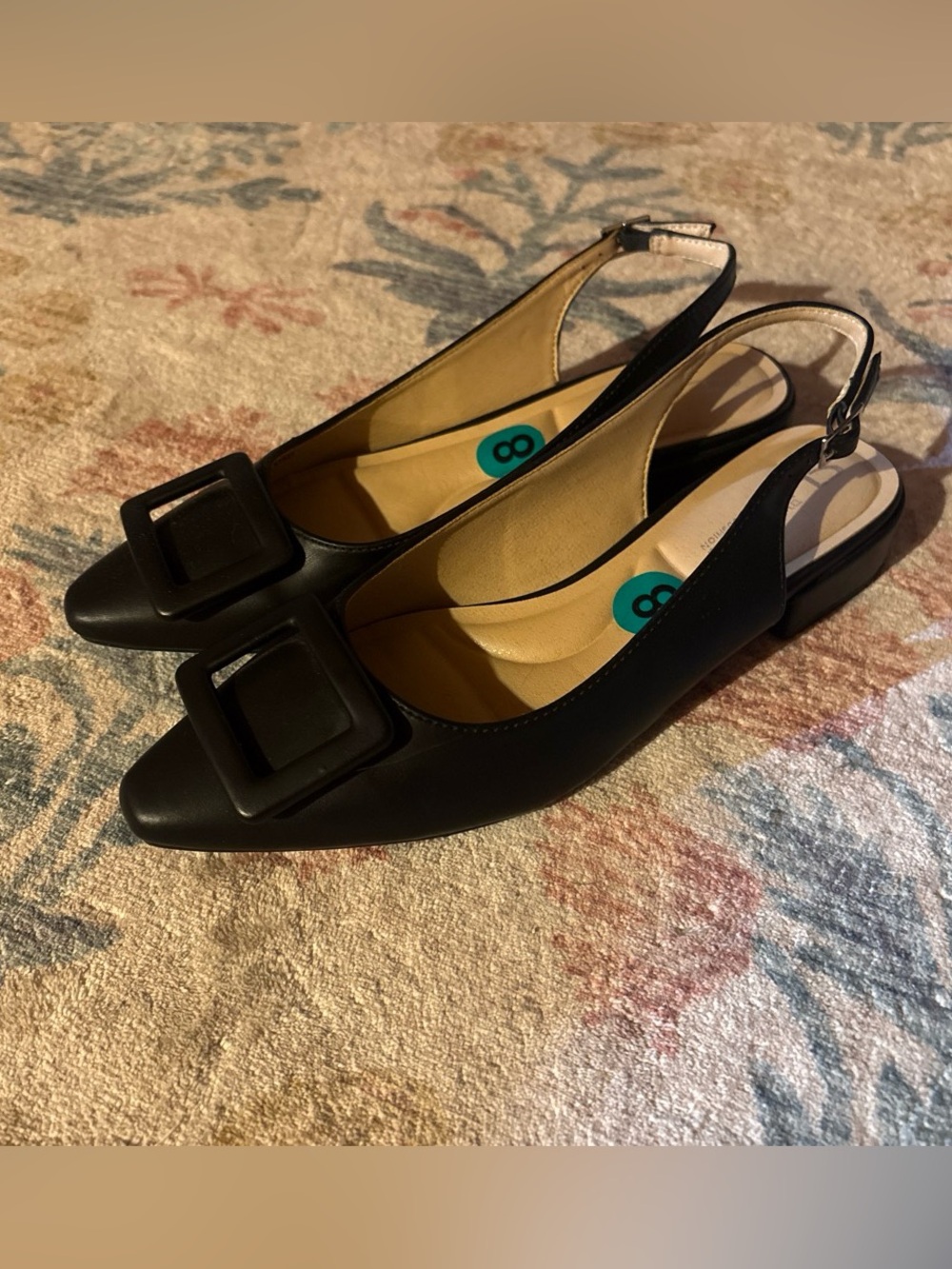 Black Slingback Pointed Toe Flats with Buckle Accent